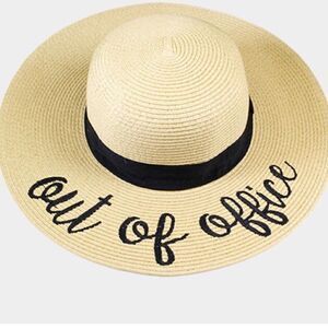 C&C Out of Office Cream Straw Sun Hat with Black Script and Hatband